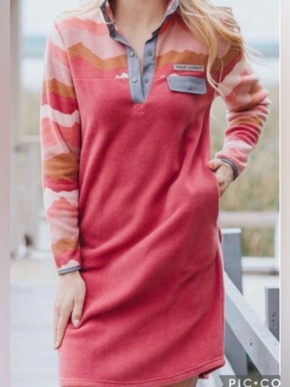 Simply Southern fleece dress mountain print quarter-button design pockets L